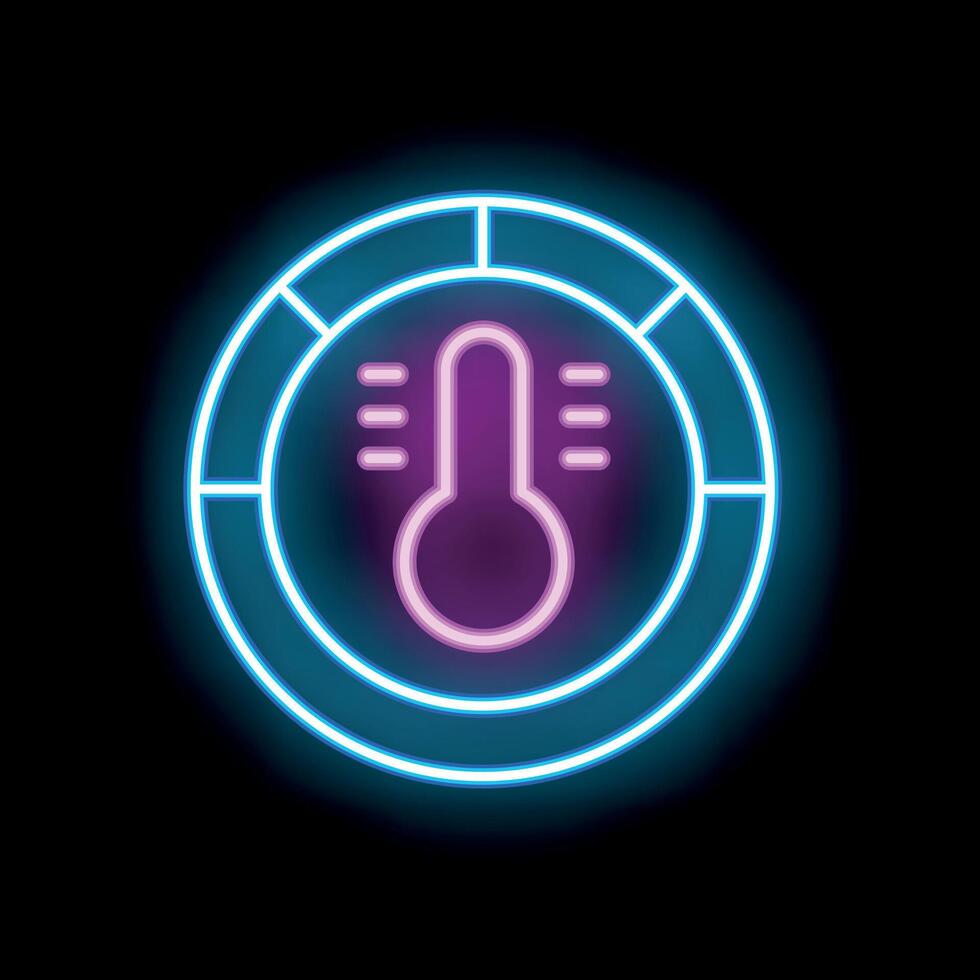 Neon icon of thermometer showing temperature in circle on black background vector