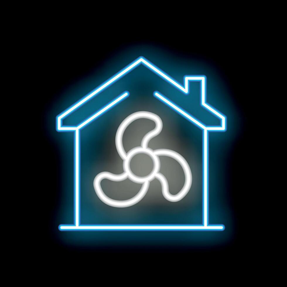 Blue glowing neon line house with a fan is isolated on a black background vector