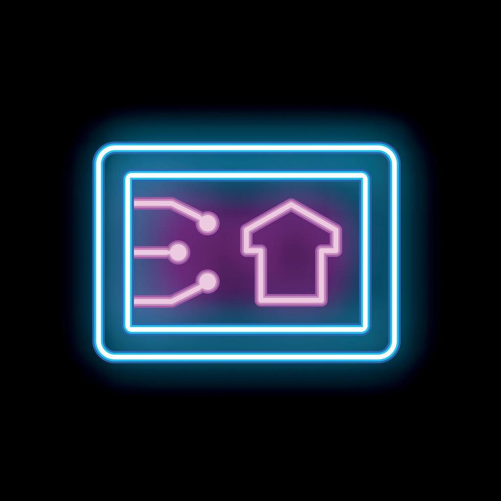 Neon smart home icon glowing on black background vector