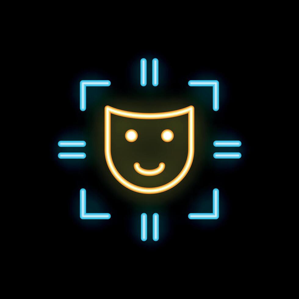 Neon sign showing facial recognition scanning happy face emotion vector