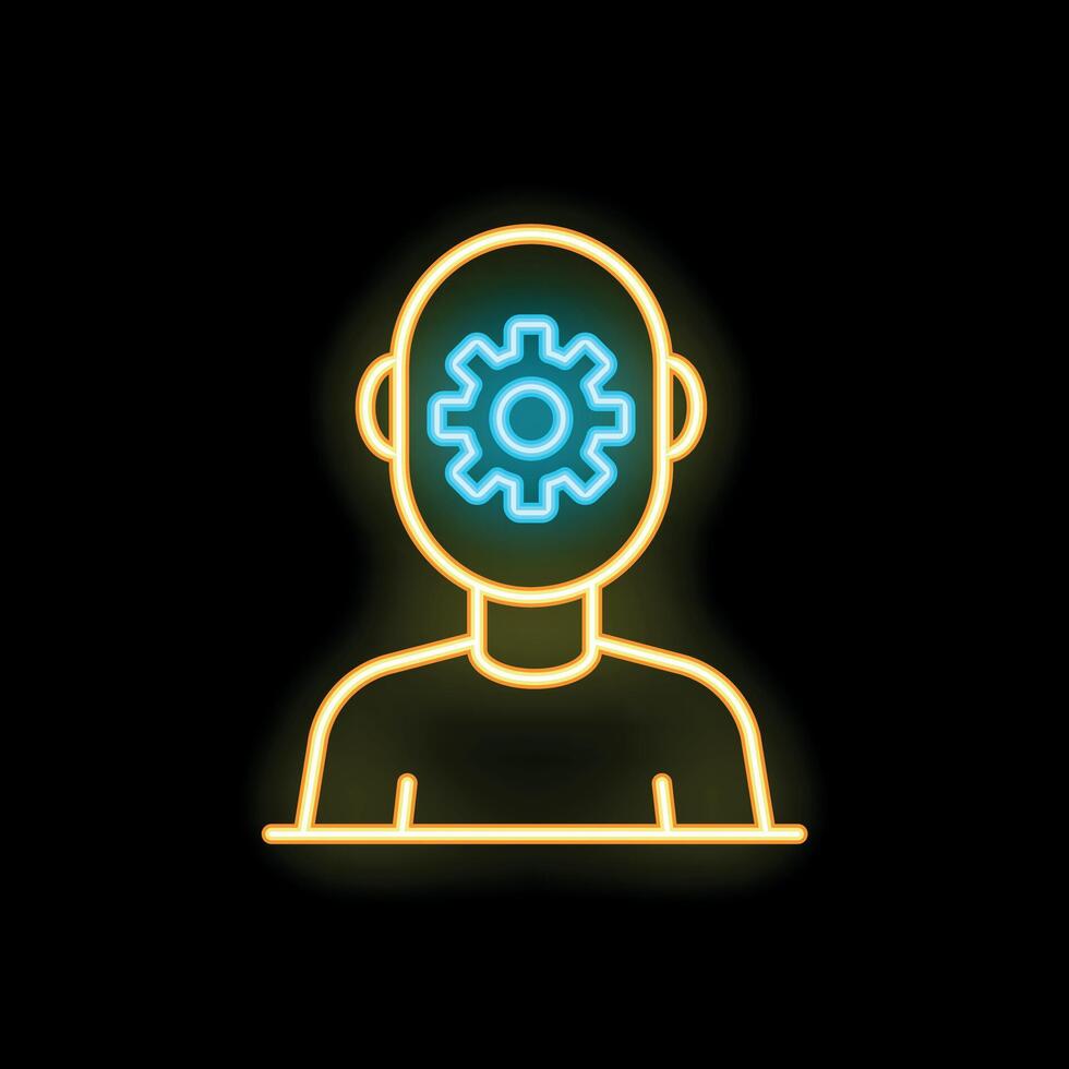 Neon sign representing a person thinking with a gear in his head vector