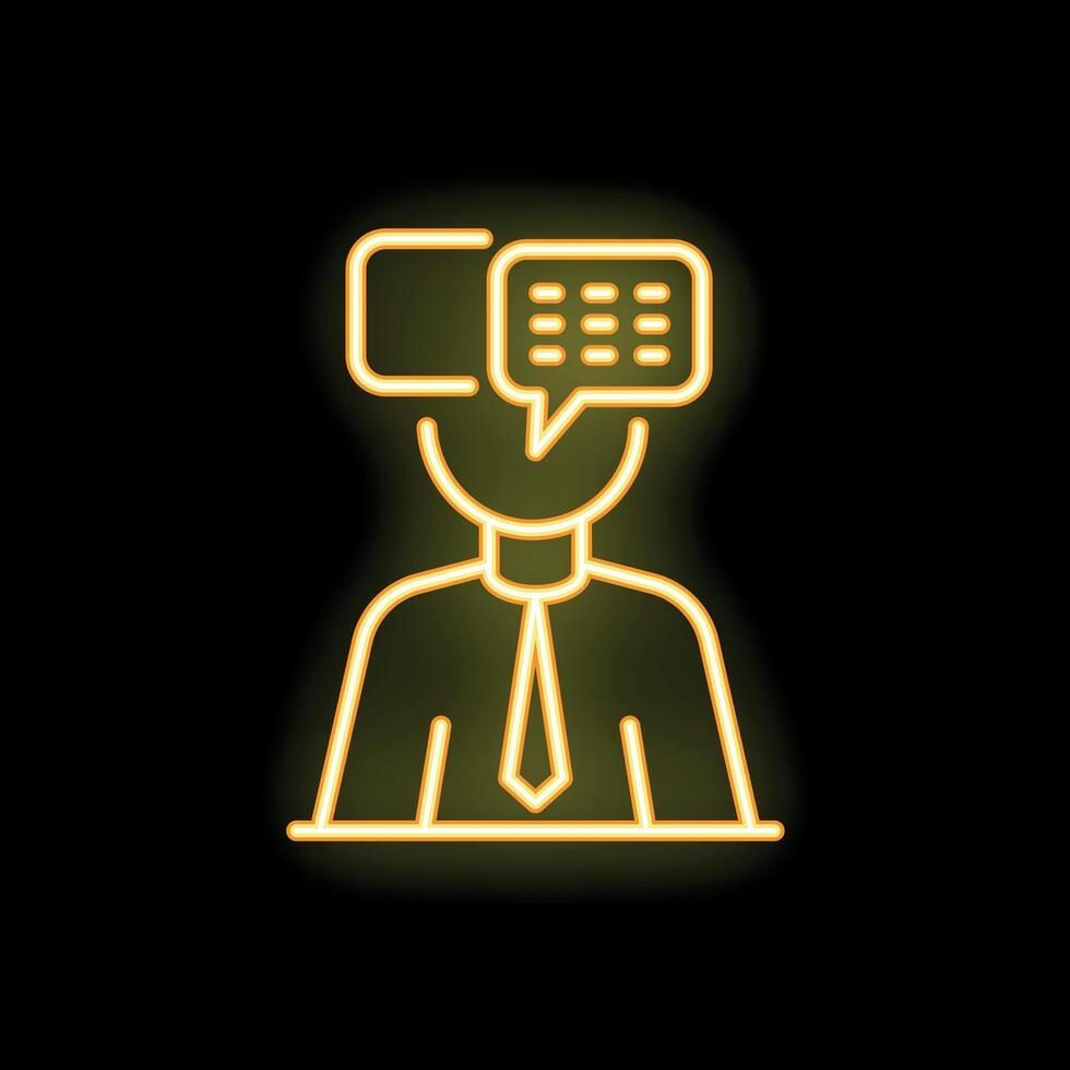Neon icon of businessman thinking with speech bubbles over his head vector