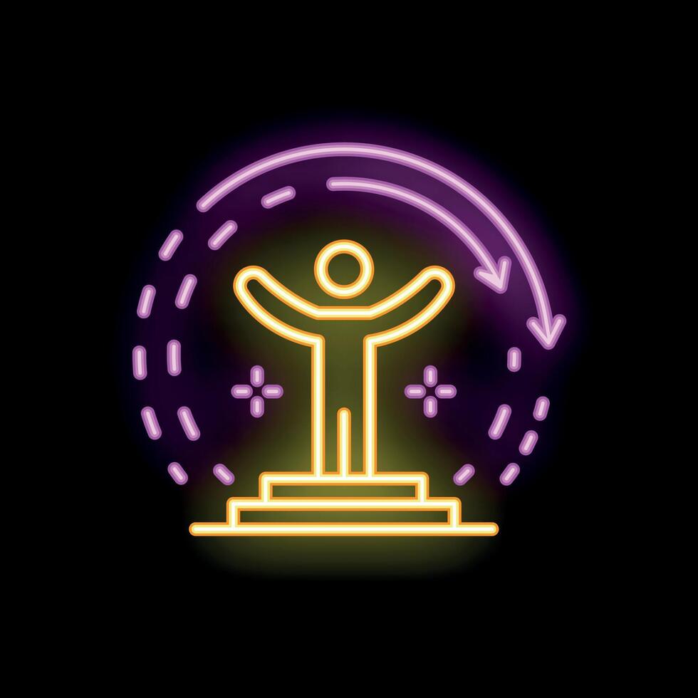 Neon sign of happy man celebrating success standing on podium vector