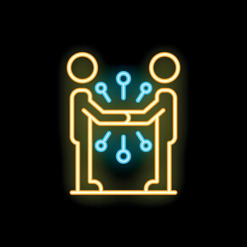 Two businessmen shaking hands with digital connection neon sign icon vector