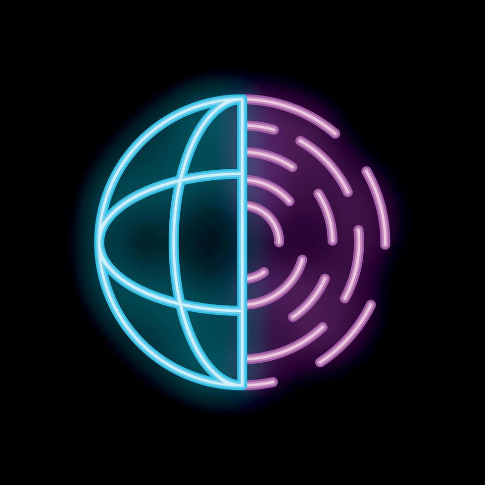 Neon icon showing fingerprint accessing global network vector