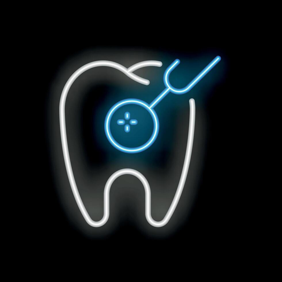 Dentist mirror checking up tooth neon sign icon on black background vector