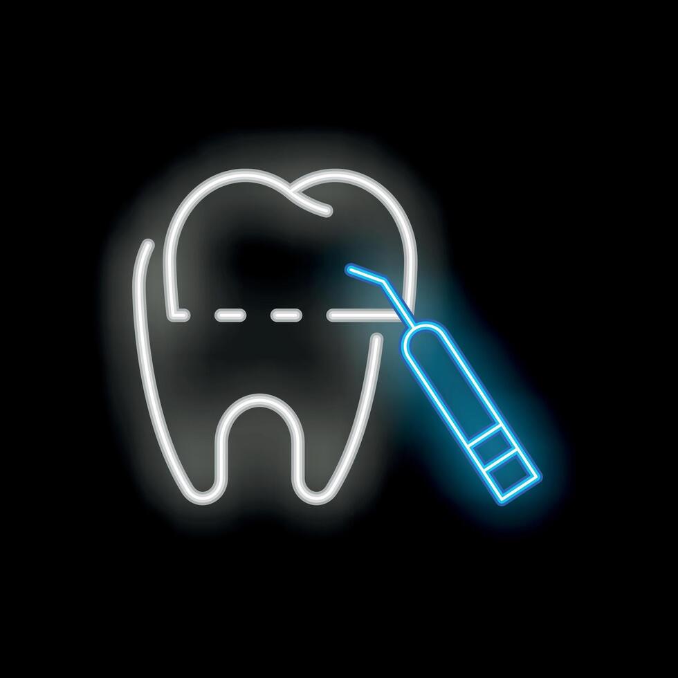 Neon icon of dental probe examining tooth for treatment or whitening vector