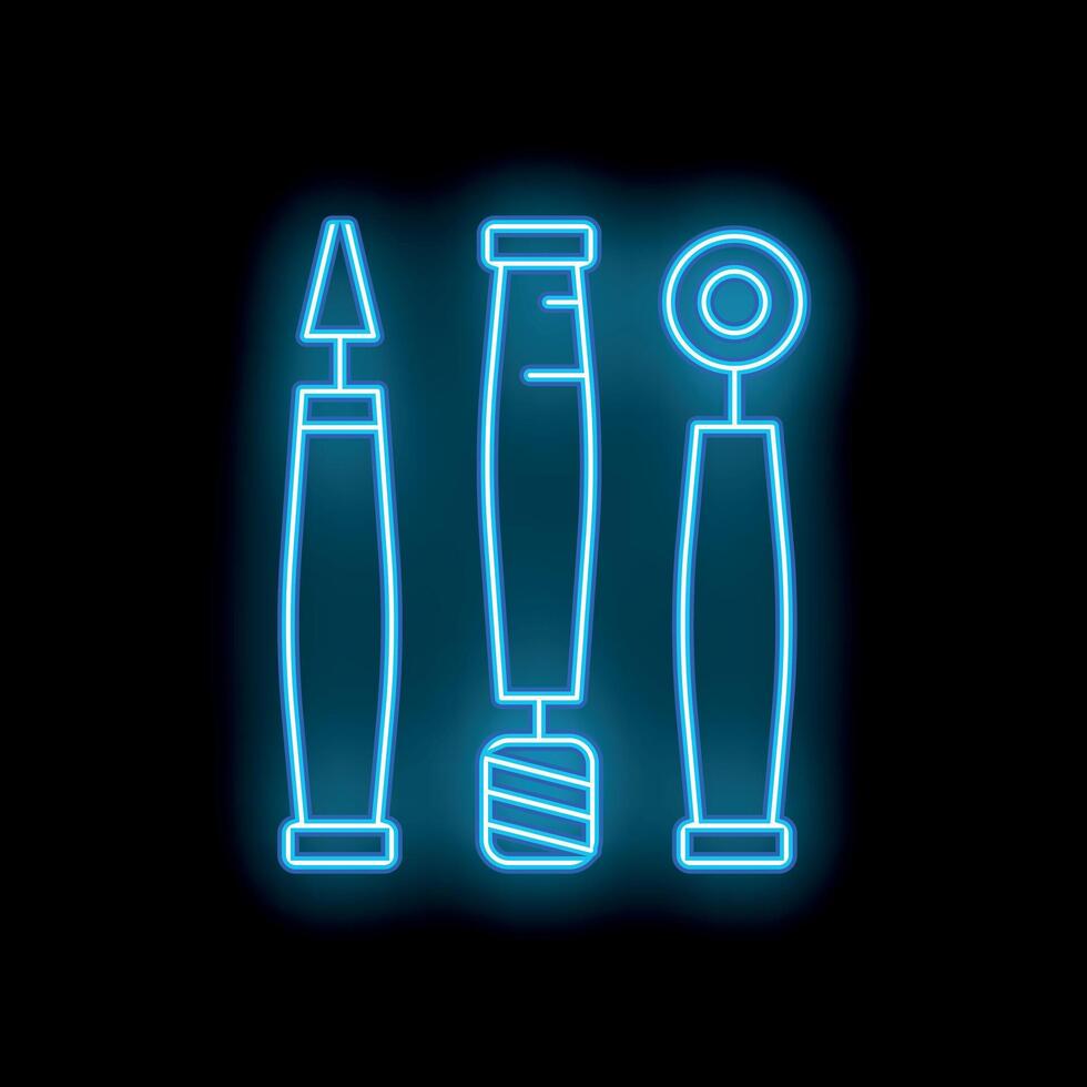 Blue neon sign of basic dental tools for dental care glowing on dark background vector