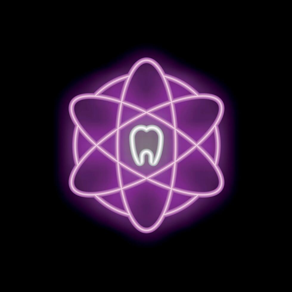 Neon icon of tooth surrounded by atomic structure representing dental science vector