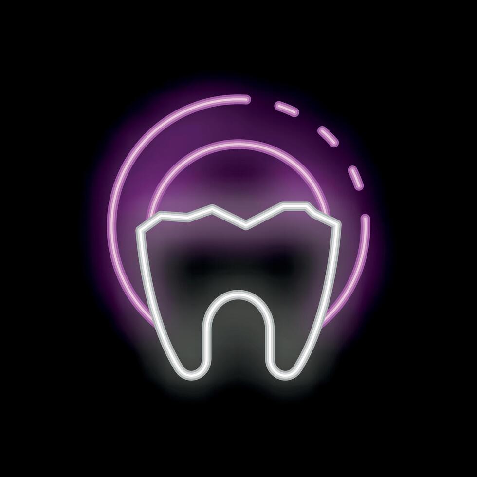 Neon sign of a damaged tooth glowing on black background vector