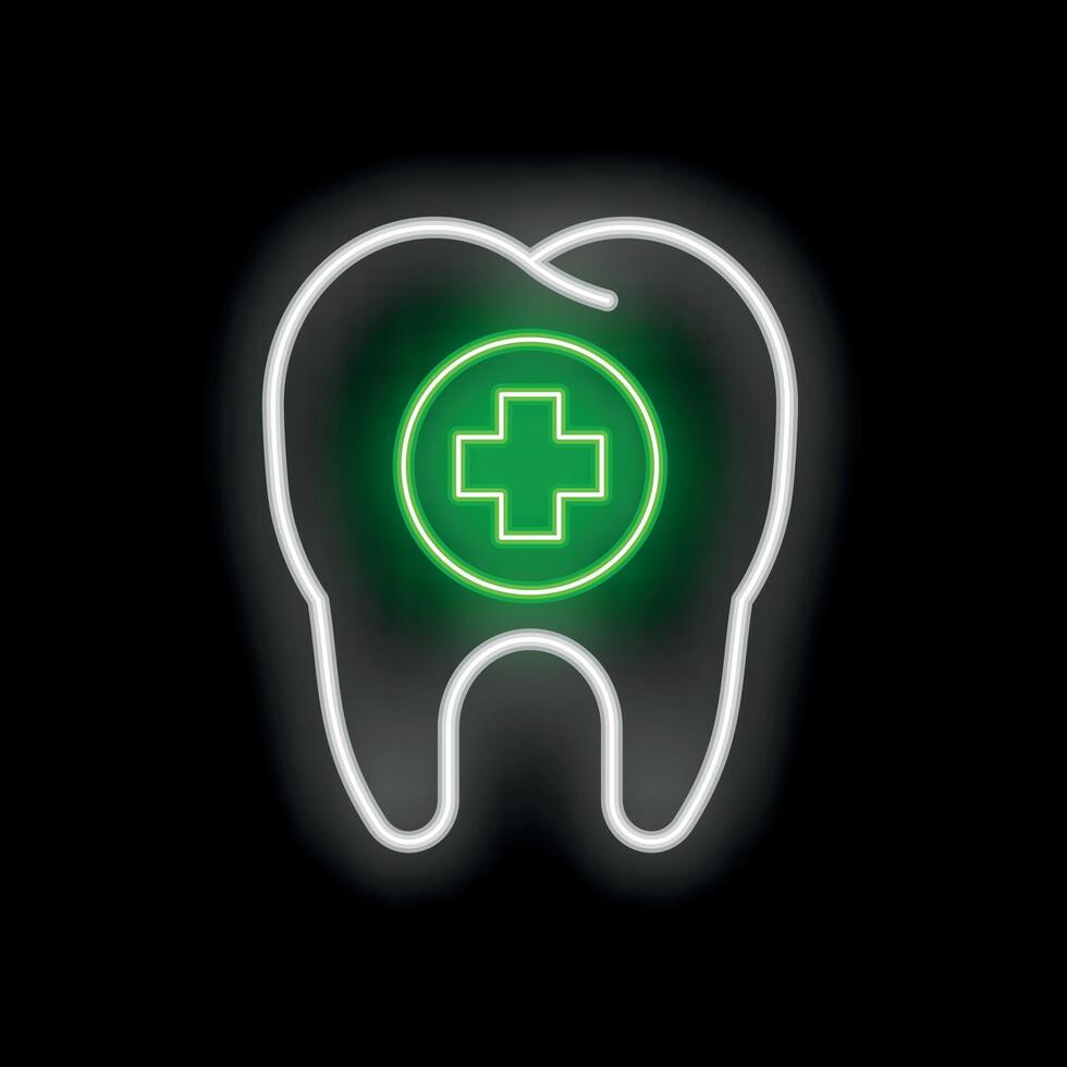 Neon green cross sign glowing inside white tooth outline on black background vector