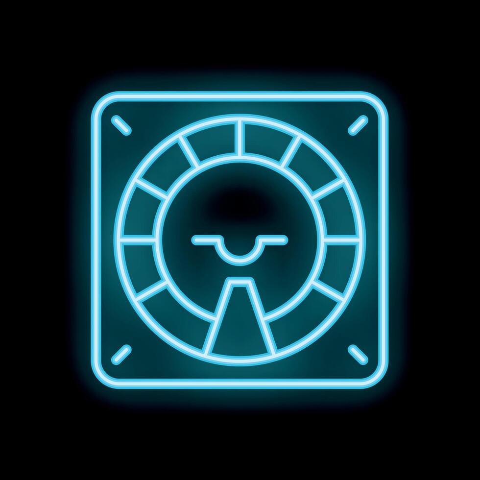 Neon blue icon of a ventilation fan smiling on black background vector