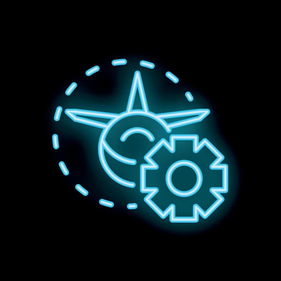 Neon icon representing airplane flight customization settings with gear and plane taking off vector