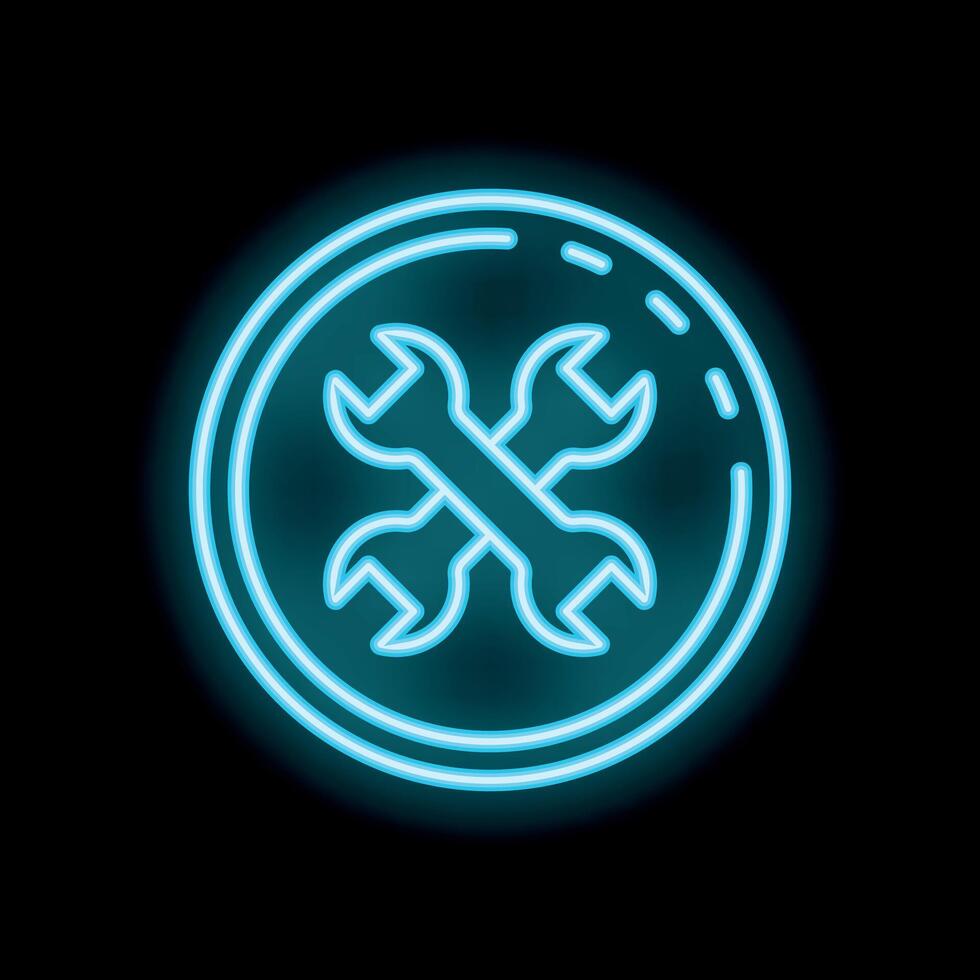 Neon blue circle with crossed wrenches shining on black background vector