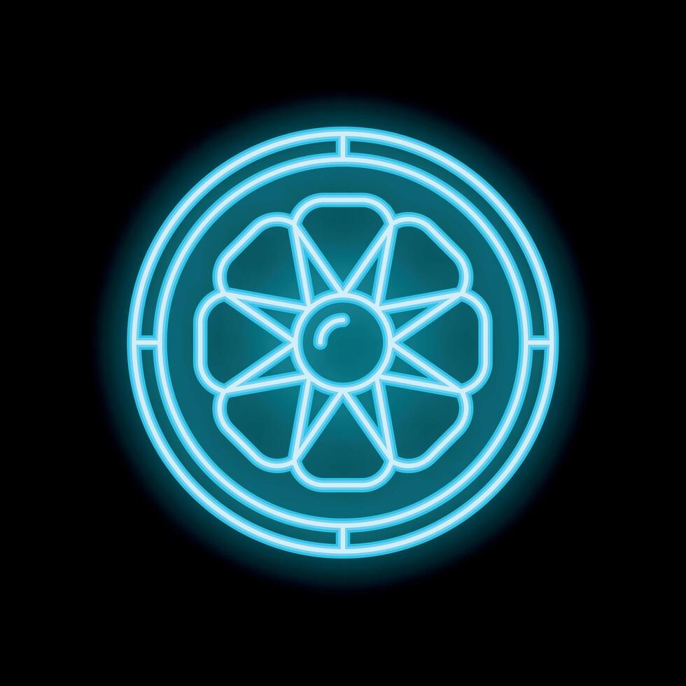 Blue neon sign showing a flower shape with a circle around on a black background vector