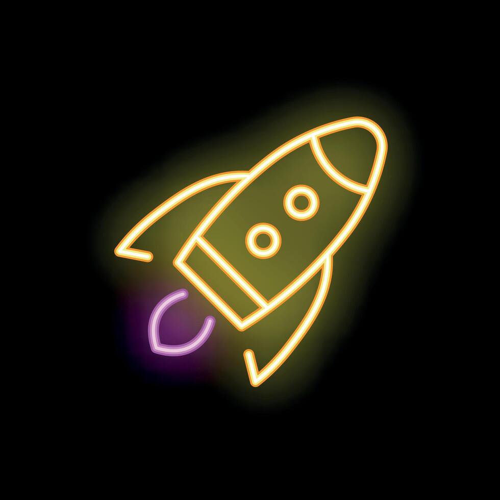 Neon rocket ship flying through space icon vector
