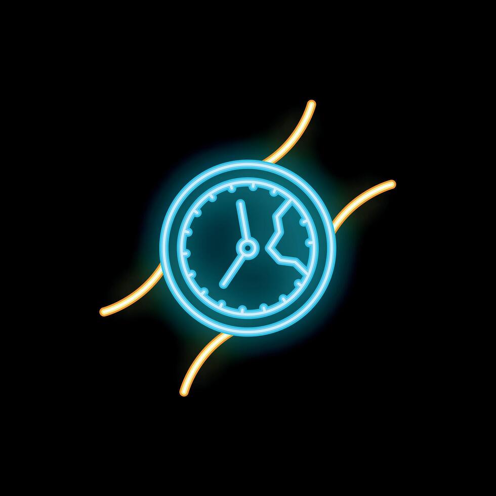 Neon sign representing time passing with broken clock and curved lines vector