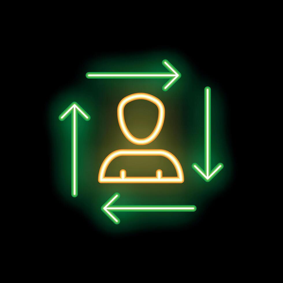 Neon sign showing person with arrows pointing in all directions vector