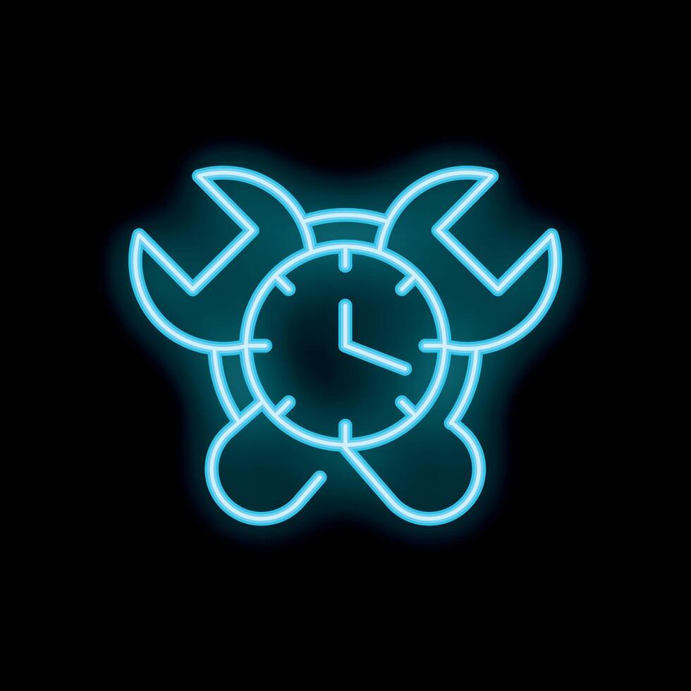 Neon icon of clock and wrenches showing time management concept vector