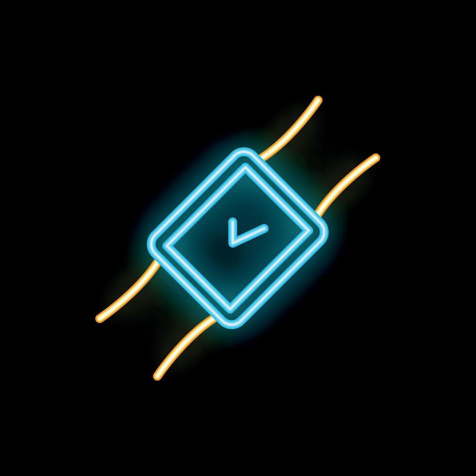 Blue neon smart watch displaying check mark on black background vector