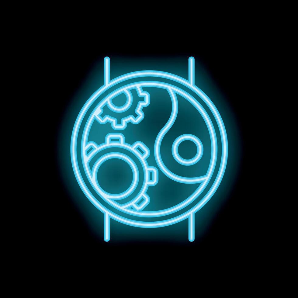 Neon sign of wristwatch with yin yang symbol and gears depicting balance in engineering vector