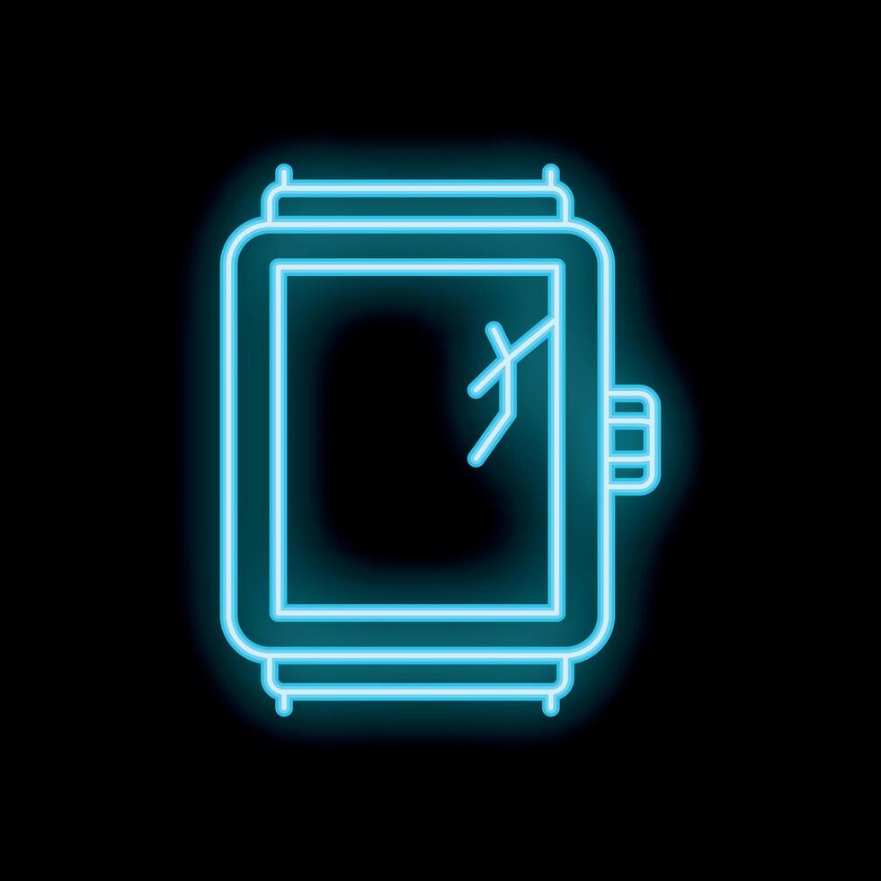 Neon icon of smart watch showing broken screen displaying cracks vector