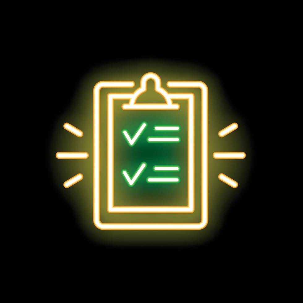 Neon sign of clipboard with check marks on black background vector