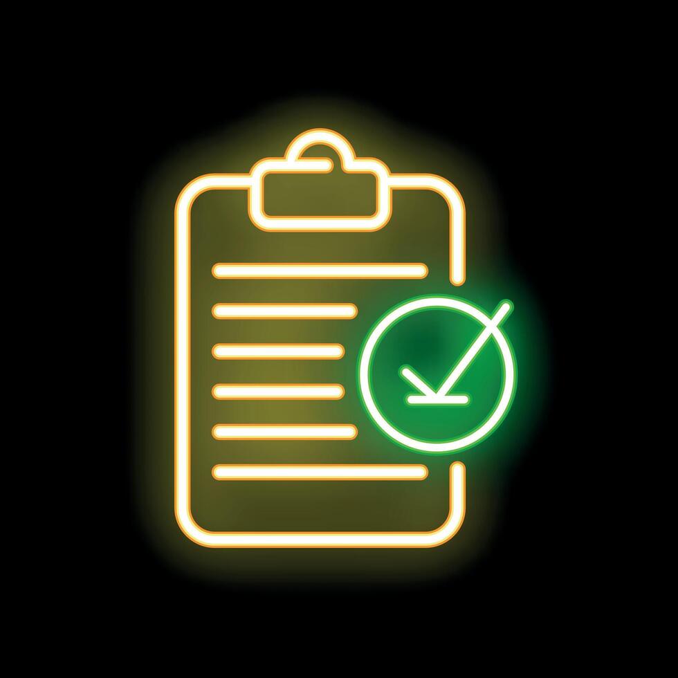 Neon icon of clipboard with check mark symbolizing completed task on black background vector
