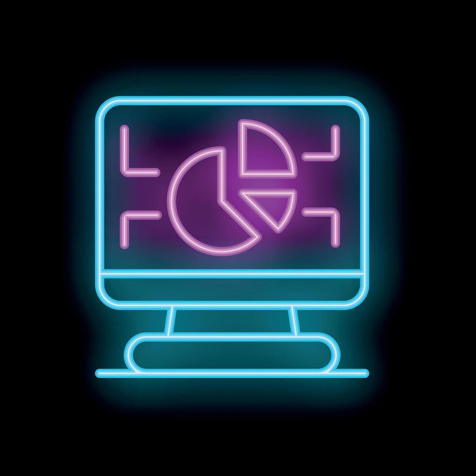 Neon computer icon showing pie chart displaying business analytics vector