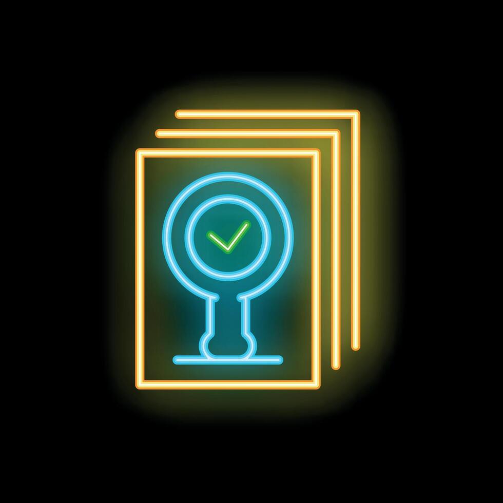 Neon icon of magnifying glass with check mark on documents representing successful search vector