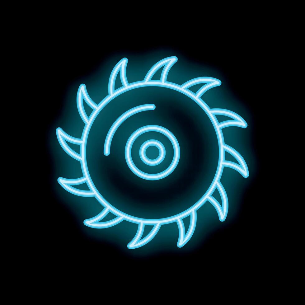 Neon circular saw blade glowing on black background vector