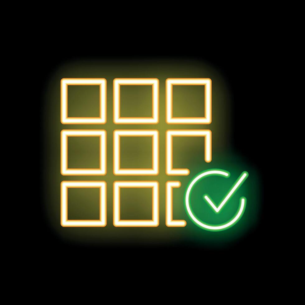 Neon green check mark completing grid on black background vector