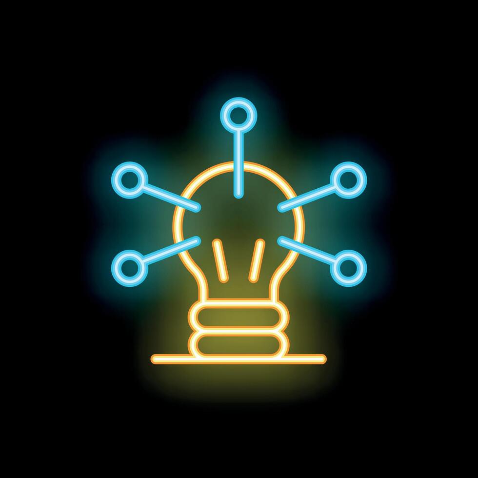 Neon bulb sign representing idea generation process with connections vector