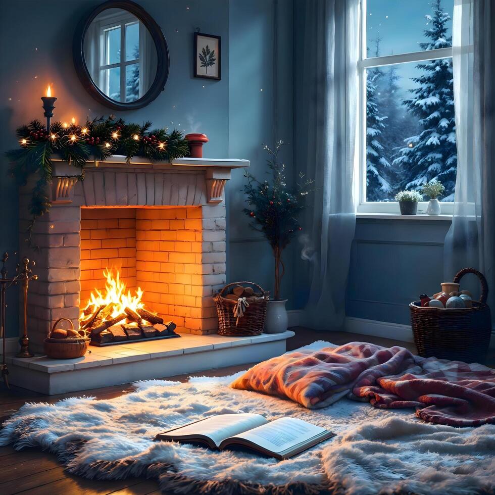 A fireplace in a room with a book and a blanket photo