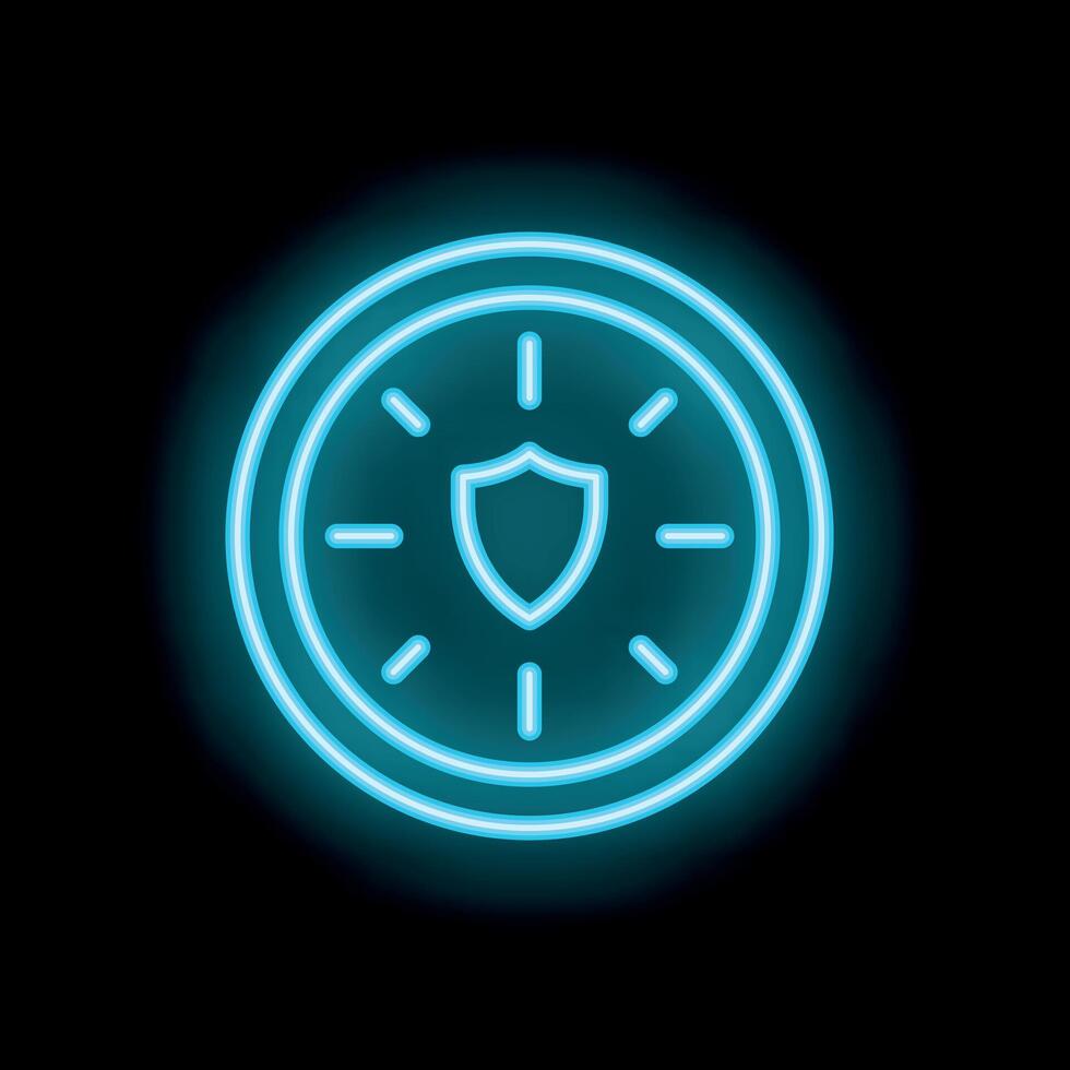 Neon clock showing security shield on black background vector