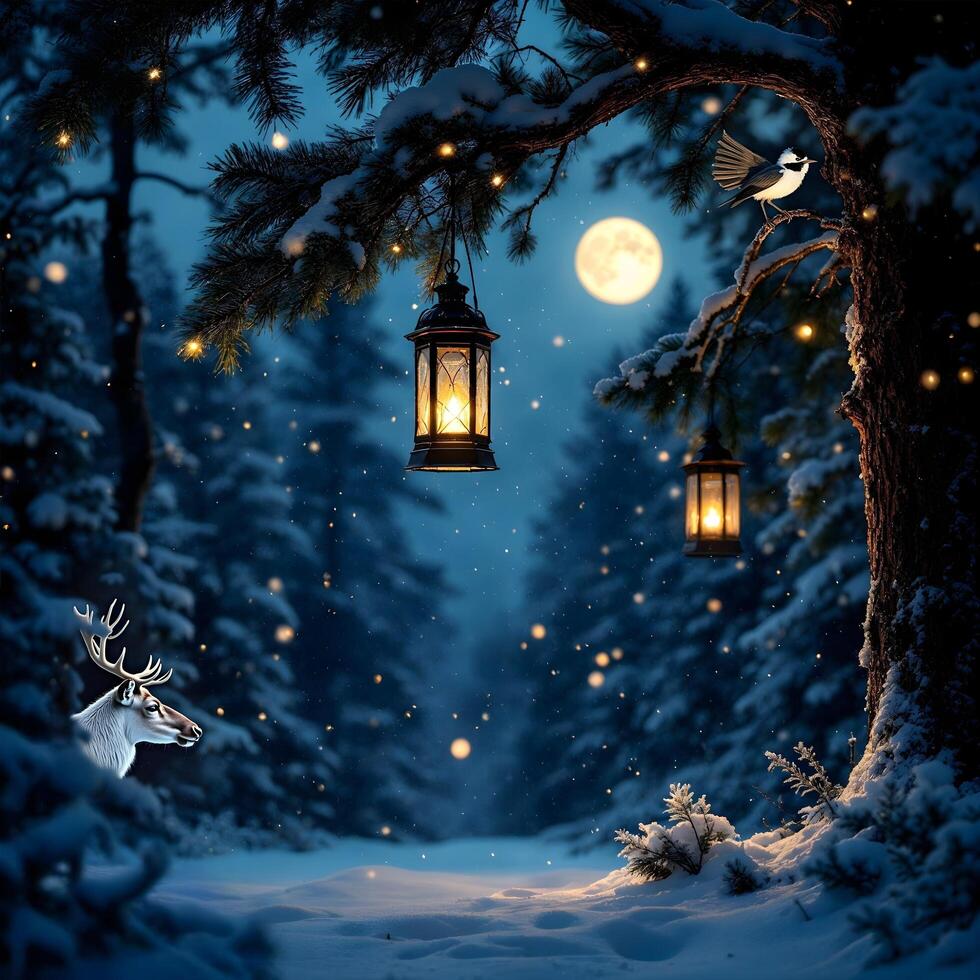 A deer and lanterns in the woods at night photo