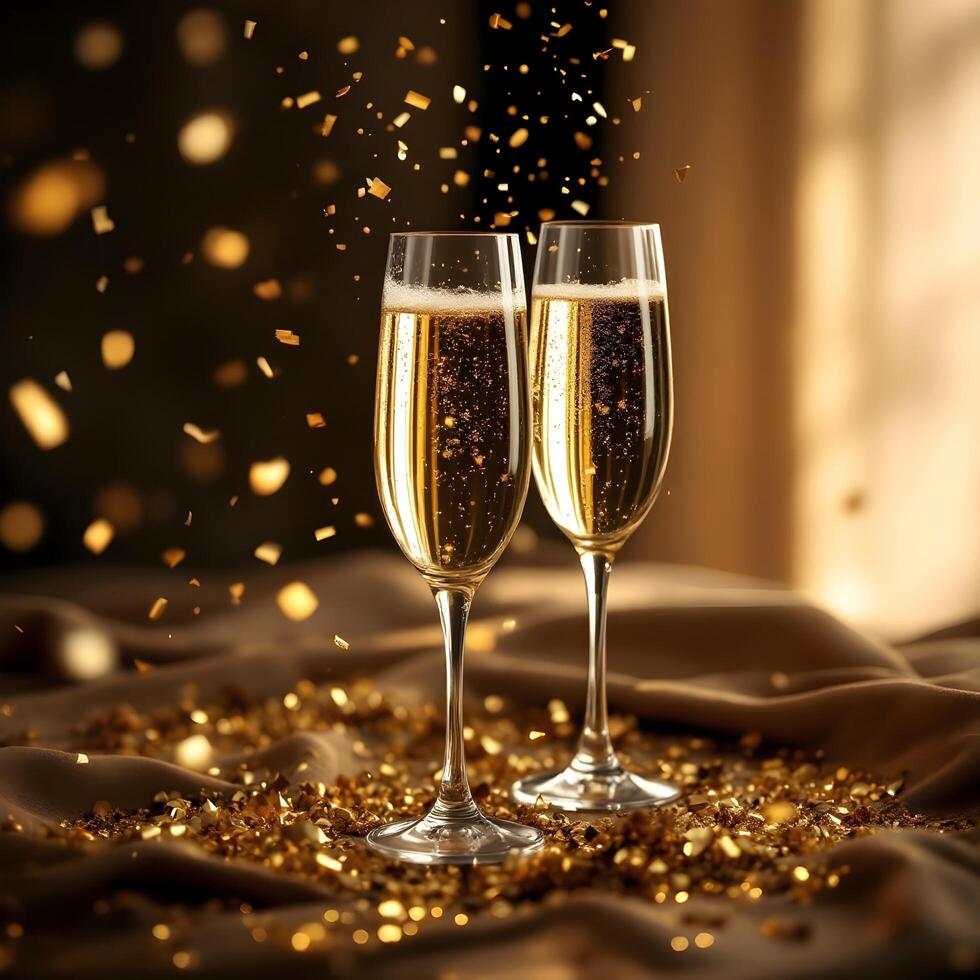 Two champagne flutes with golden confetti falling from the sky photo