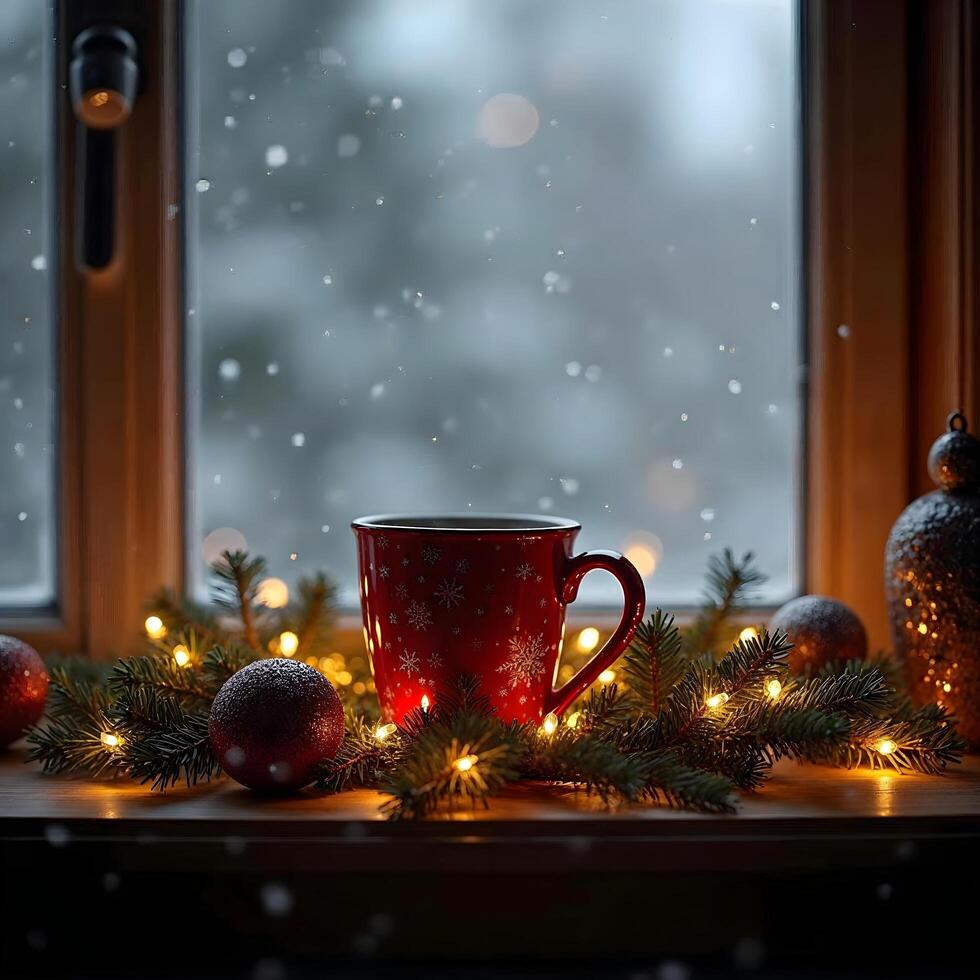 A cup of coffee sits on a window sill with christmas decorations photo