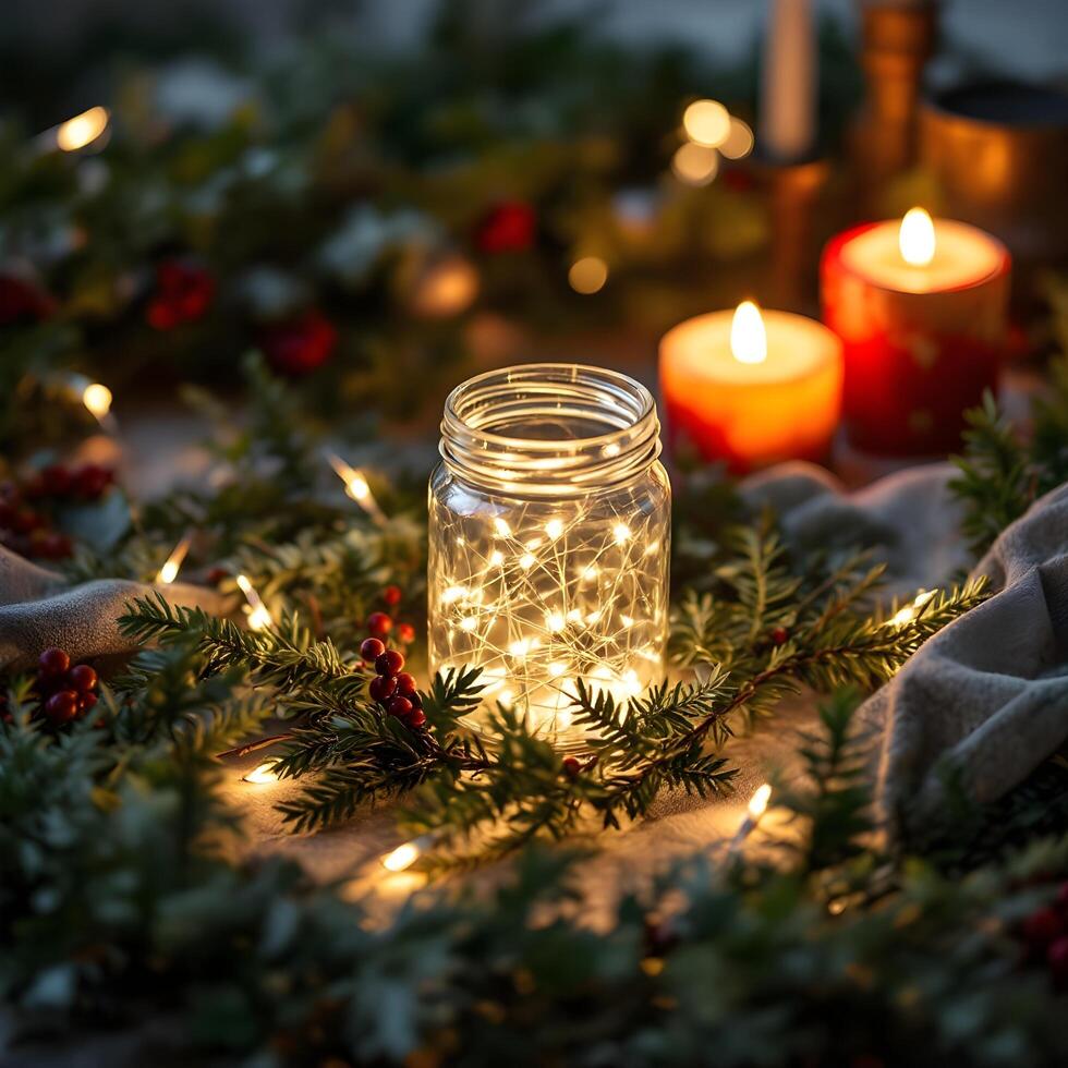 A mason jar with lights and candles on a table photo