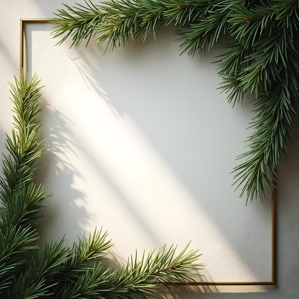 Christmas frame with fir branches and golden frame on white wall photo