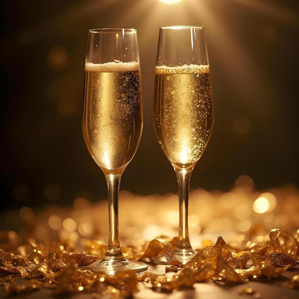 Two glasses of champagne on a table with gold confetti photo