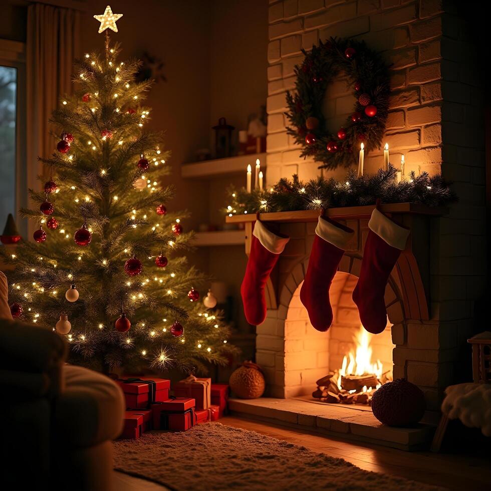 A fireplace with a christmas tree and presents in front of it photo