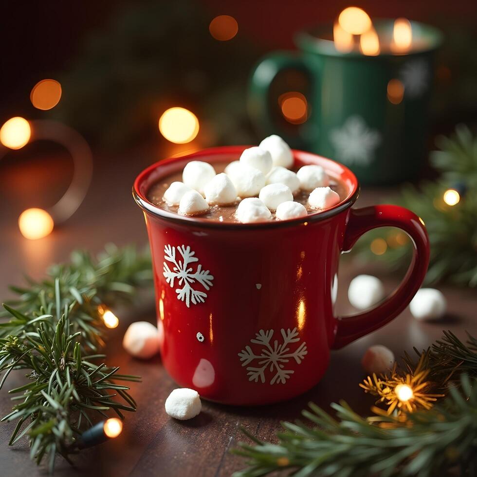 Hot chocolate with marshmallows on a christmas tree photo