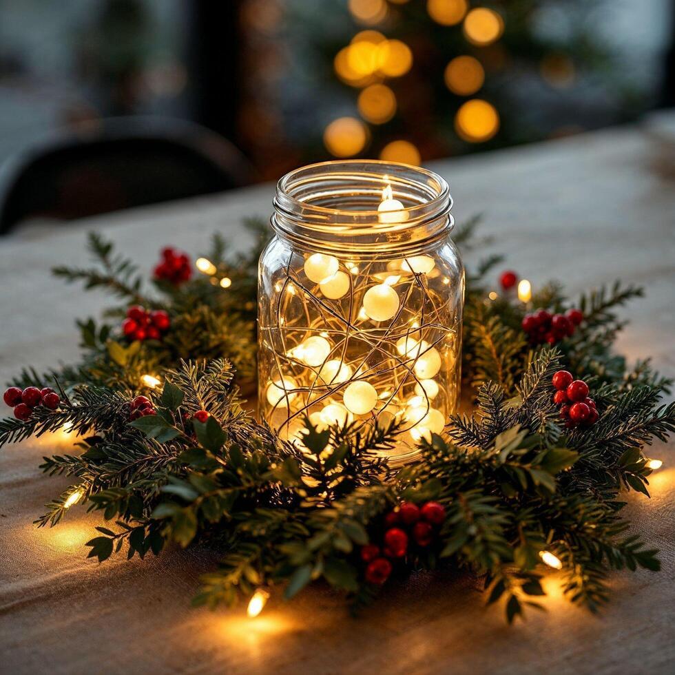 A mason jar with lights and greenery on a table photo