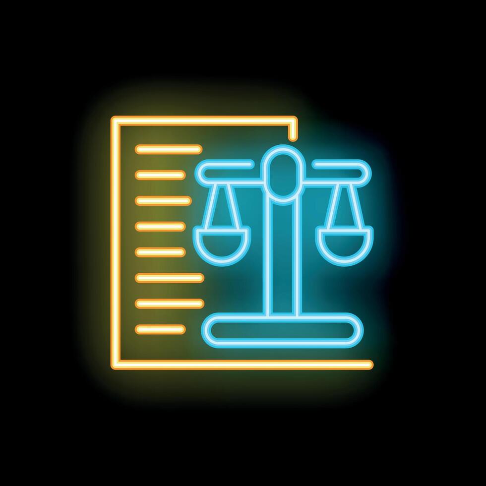 Neon icon of legal document with scales representing law and justice vector