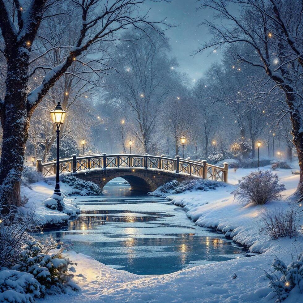 Winter landscape with bridge and trees in the snow photo