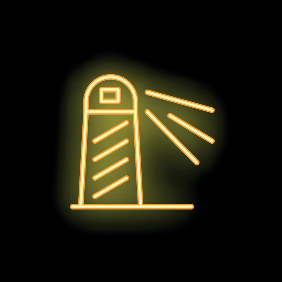 Neon lighthouse shining its bright light on black background vector