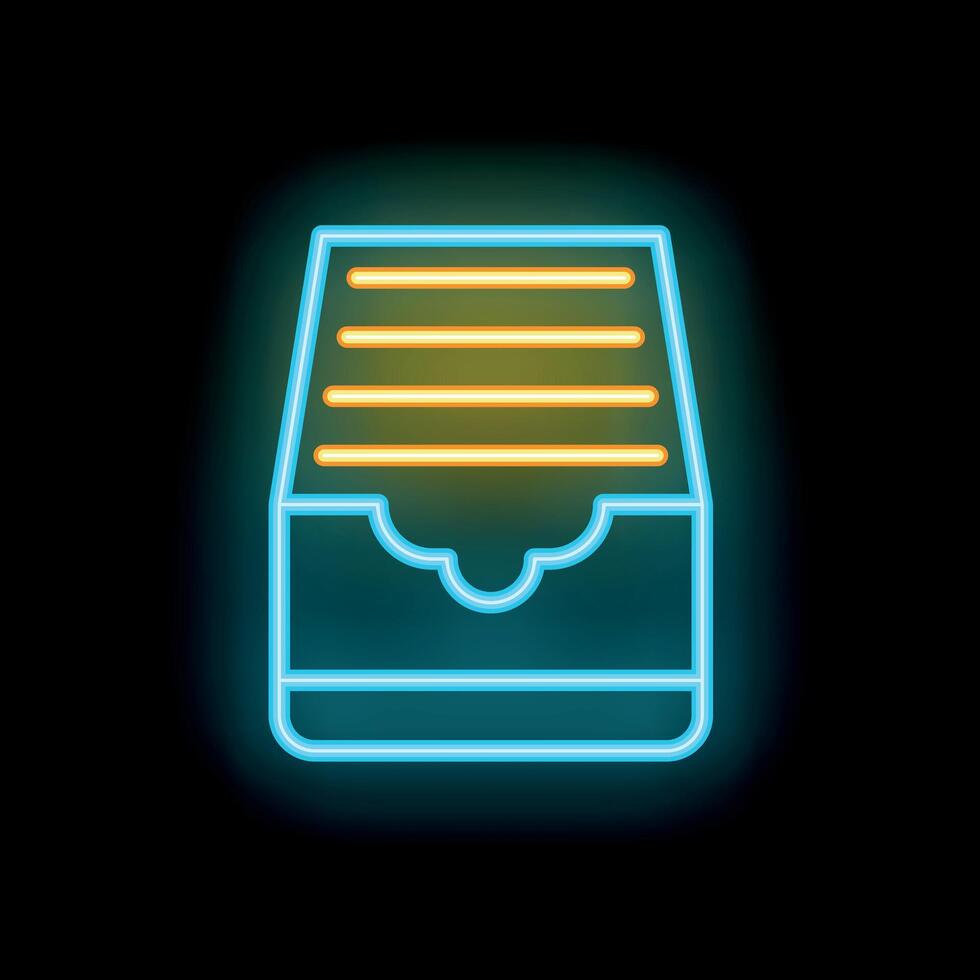 Neon archive drawer icon glowing on dark background vector