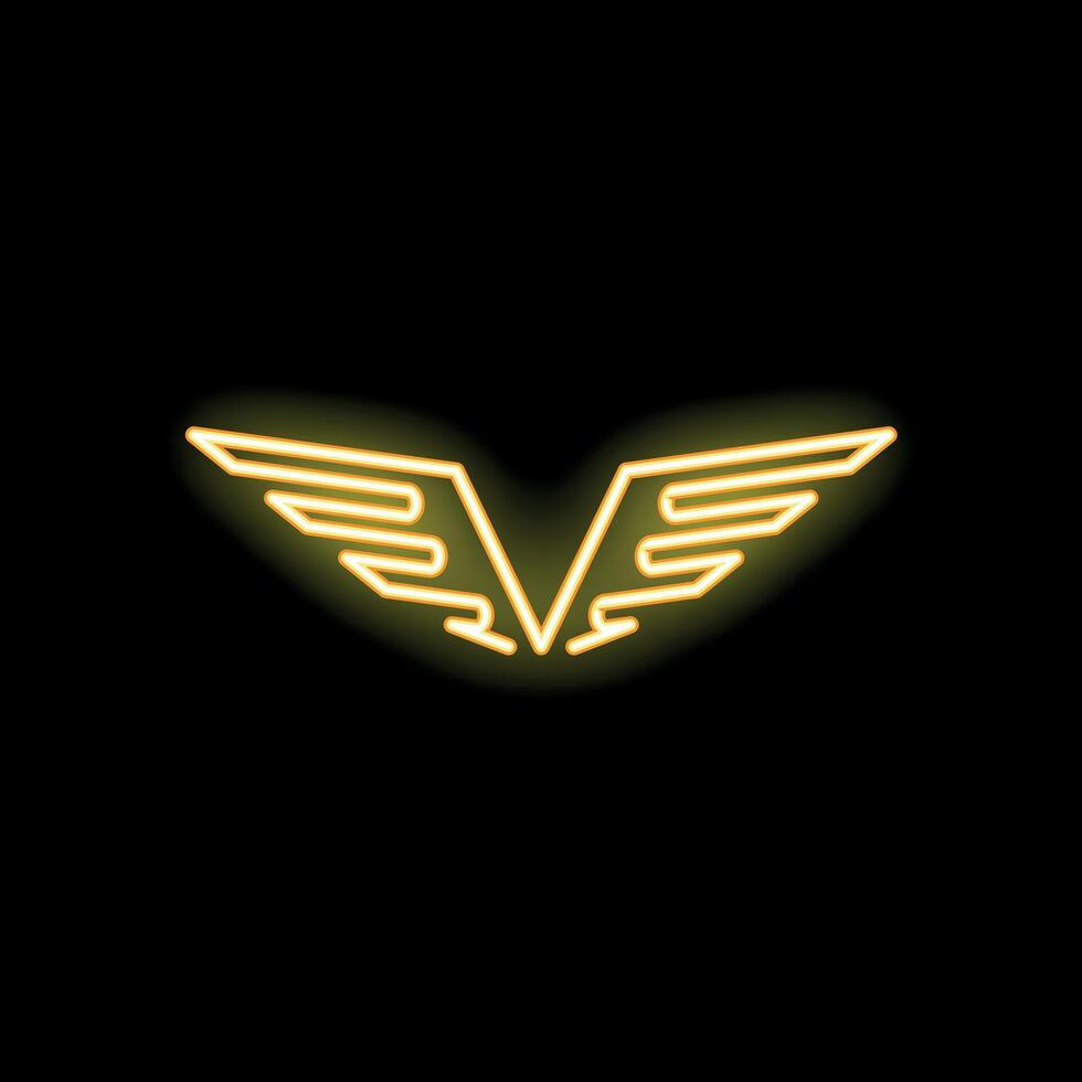 Neon wings logo forming letter v on black background vector
