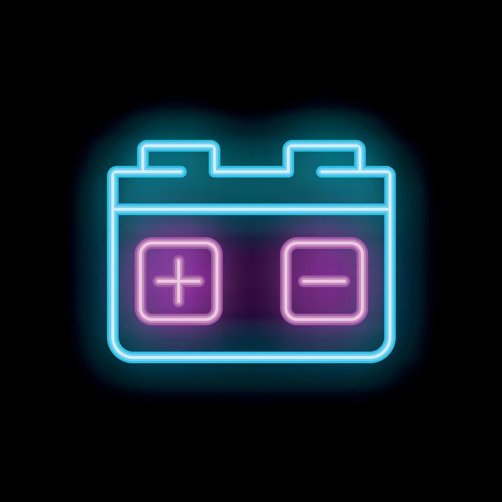 Neon sign representing a car battery with plus and minus symbols on black background vector
